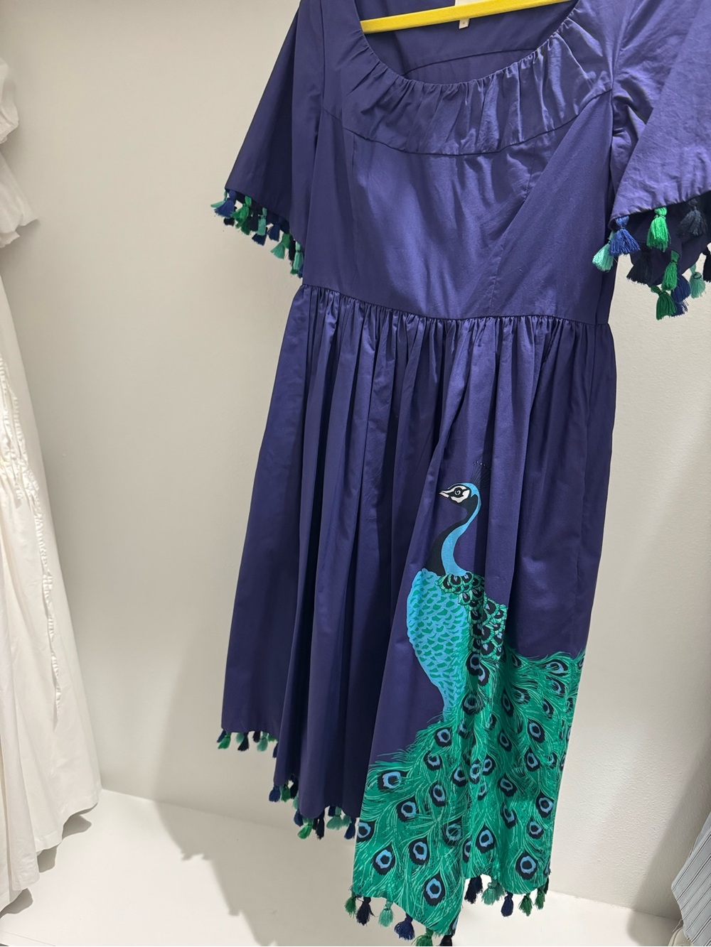 kate spade Navy Blue Peacock Print Dress with Green Tassels